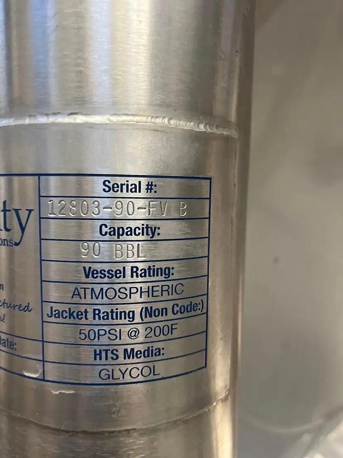 Used (2) Available - Used QTS Quality Tank Solutions 90 bbl / 2790 Gal Jacketed Conical Fermenter Tank