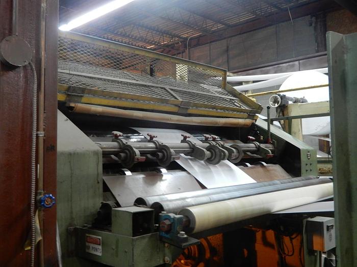 Used 74" (1.87M)  LENOX SINGLE ROTARY KNIFE SHEETER 3 UNWIND STANDS AND STACKER