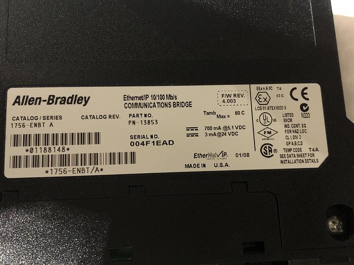 Used Allen Bradley 1756-ENBT /A ETHERNET/IP BRIDGE MODULE(E2)