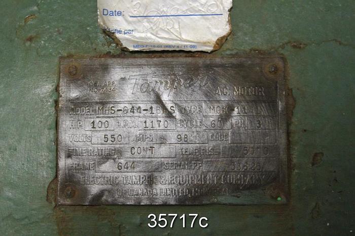 Used Tamper 100 HP AC Motor, 1170 RPM, 550 Volts, 644 Frame, 98 Amps, MHS-644-1BA5 #35717