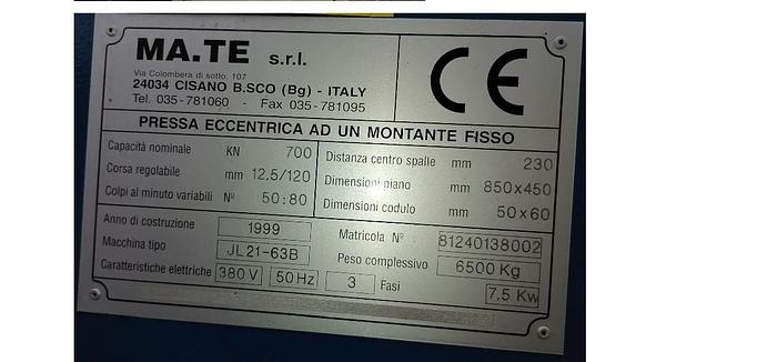 Usato PRESSA ECCENTRICA MATE DA 71 TON FRONTALE