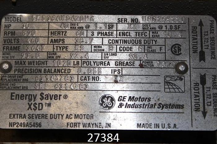 Used General Electric 5KS364XS420H6 Ac Motor, 30 Hp, 890 Rpm, 460V, Frame 364T, S.F. 1.15, 38.7 Amps, 60Hz,  3 Phase, Tefc, Continuous Duty #27384