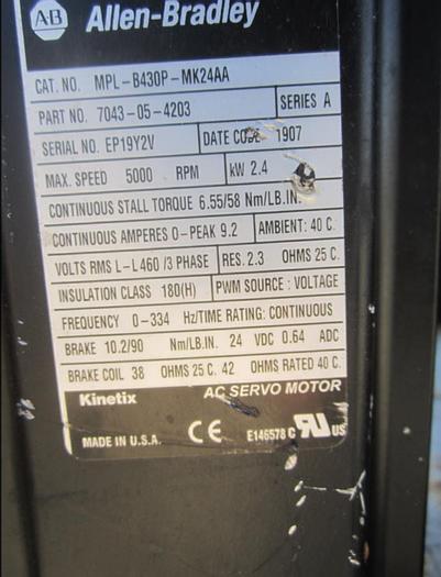 Used Motor, Allen Bradley, Servo, MPL8430PMK24AA, 5000 RPM, #S739706