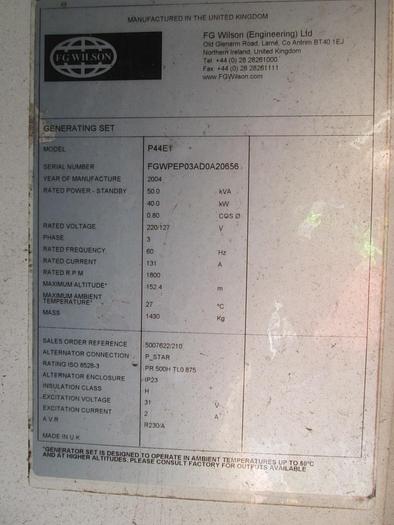 Used 2004 FG Wilson 40KW Generator with Trailer