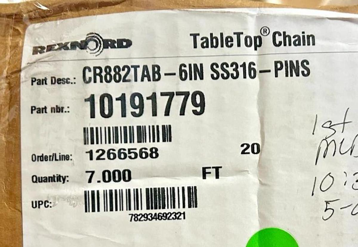 New Rexnord 10191779 TableTop Chain 7FT. CR882TAB-6IN SS316-PINS