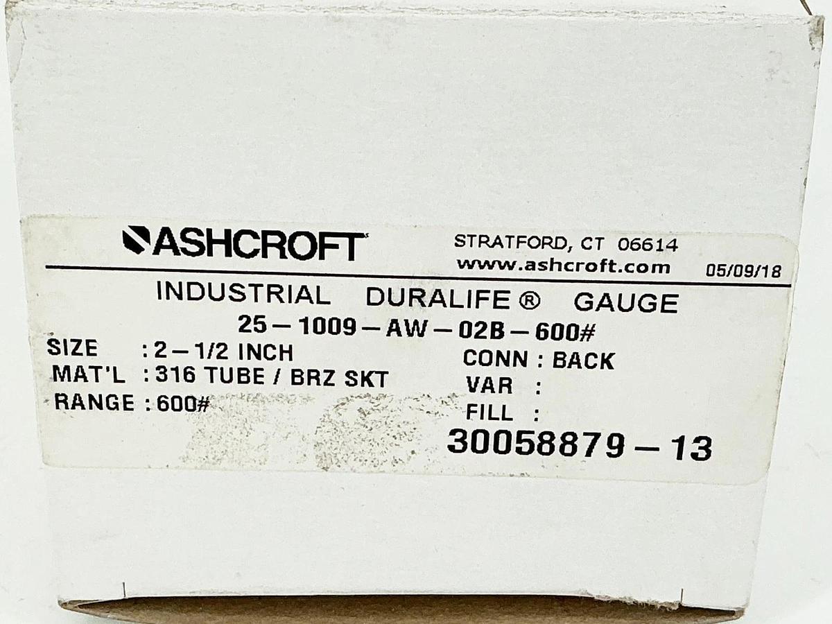 New Ashcroft 25-1009-AW-02B-600# Pressure Gauge 2-1/2" 0-600PSI 316 Tube