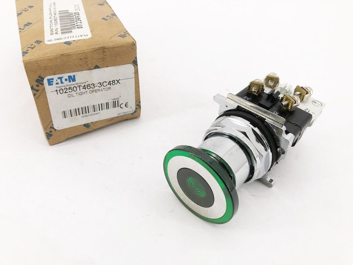 New Cutler-Hammer 10250T463-3C48X Oil Tight Illuminated Green Push-Pull Device