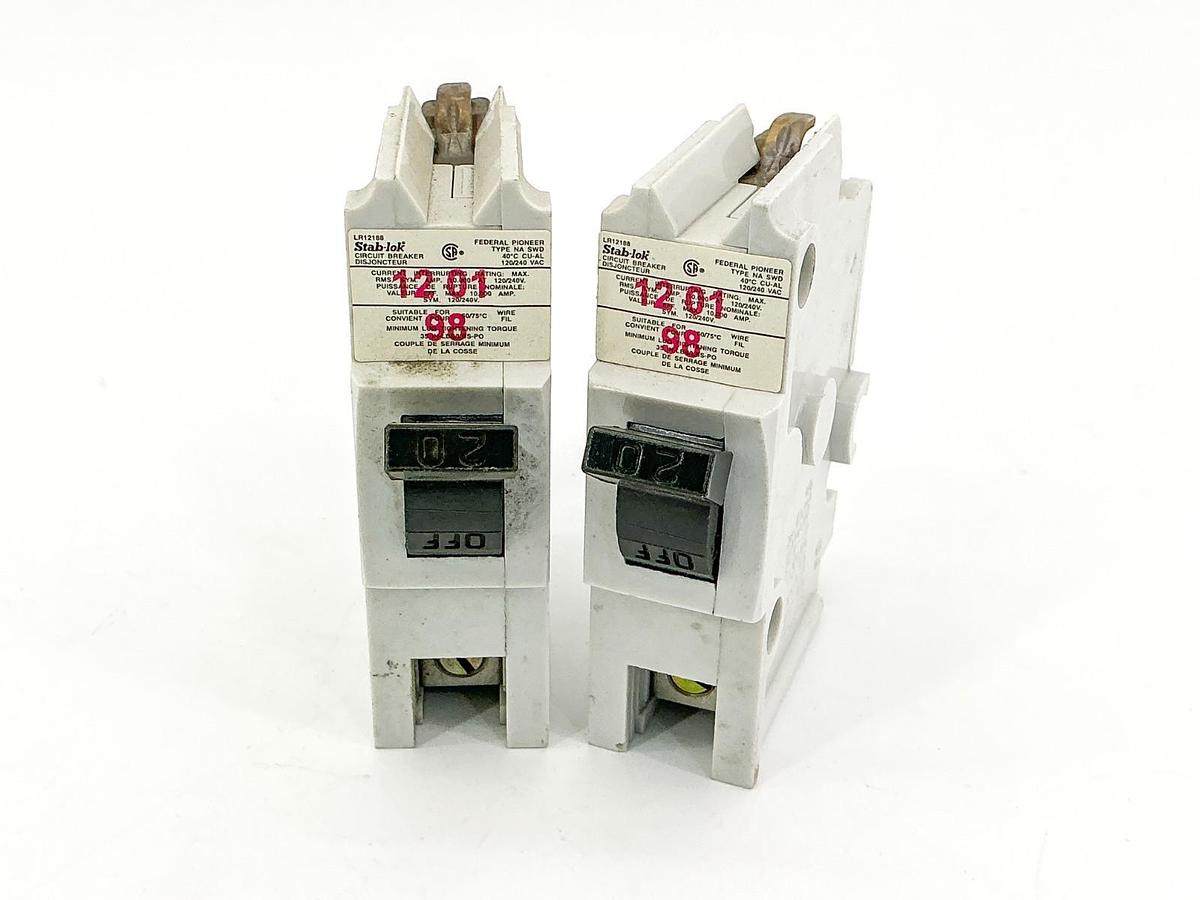 New Lot of 2 Federal Pioneer LR12188 Circuit Breaker 20A 120/240V 1P - No Box
