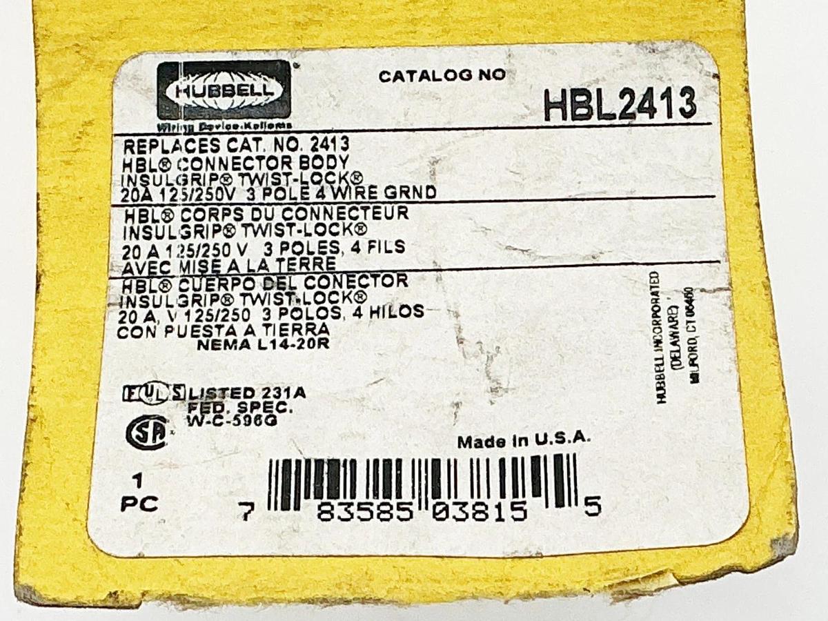 Hubbell HBL2413 Twist Lock 20A 3P 250V 4 Wire
