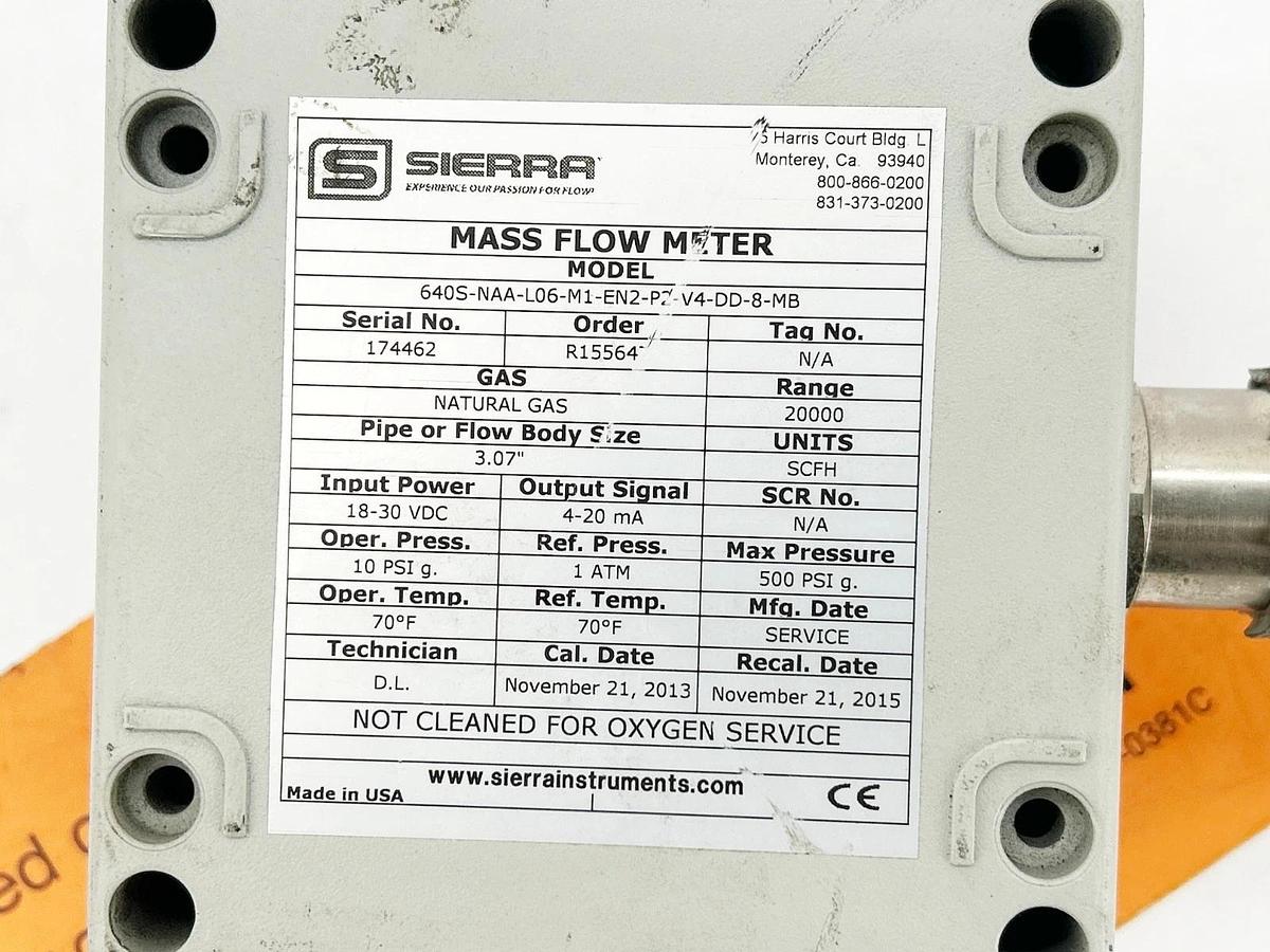 Used Sierra 640S-NAA-L06-M1-EN2-P2-V4-DD-8-MB Mass Flow Meter 30V 500PSIG