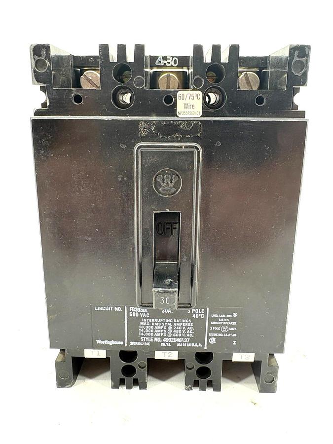 Used Westinghouse FB3030L 30A Circuit Breaker 600VAC 3-Pole
