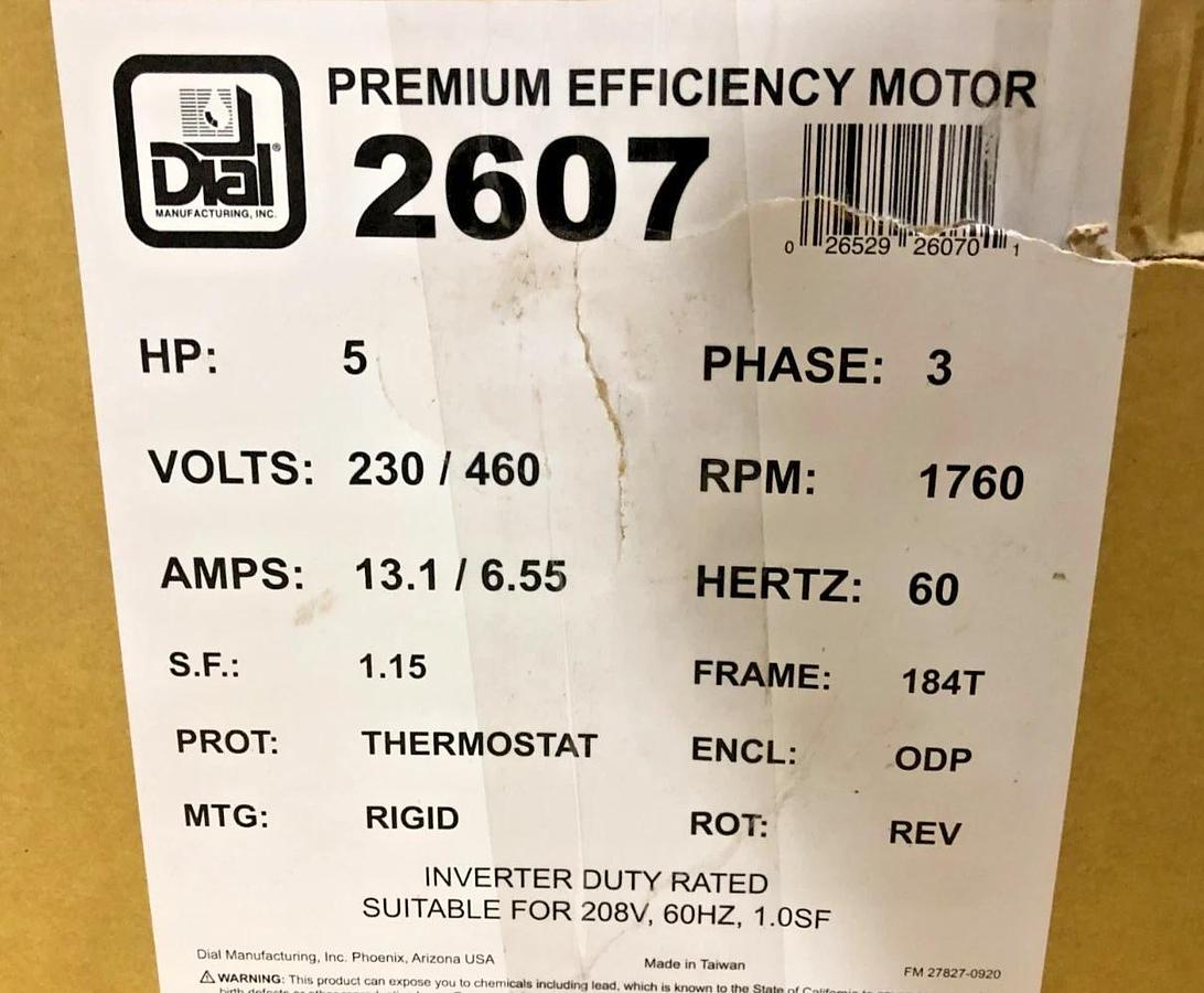 New Dial Manufacturing 2607 Motor 5HP 3PH 230/460V 1760rpm 13.1/6.55A