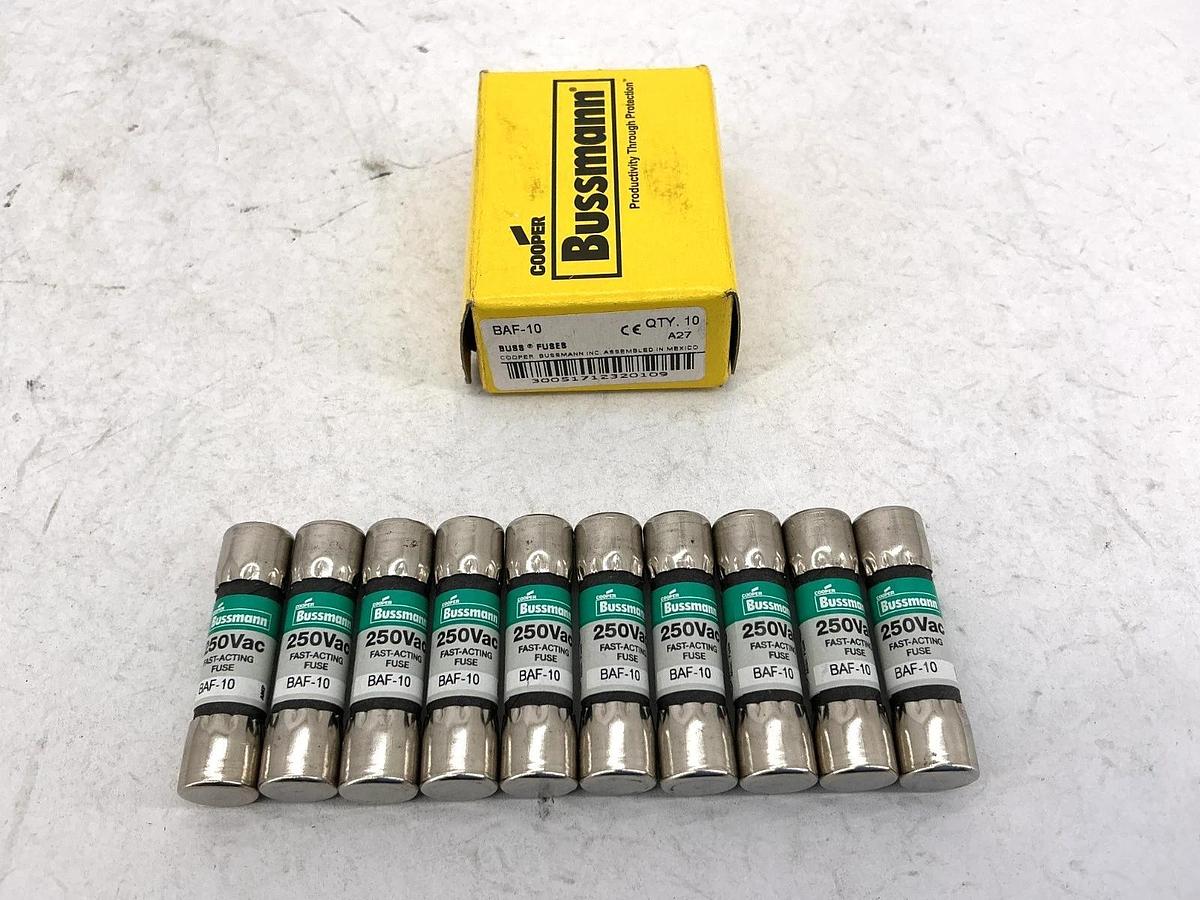 New Bussmann BAF-10 250Vac Fast-Acting Fuse 10A 250V Box of 10
