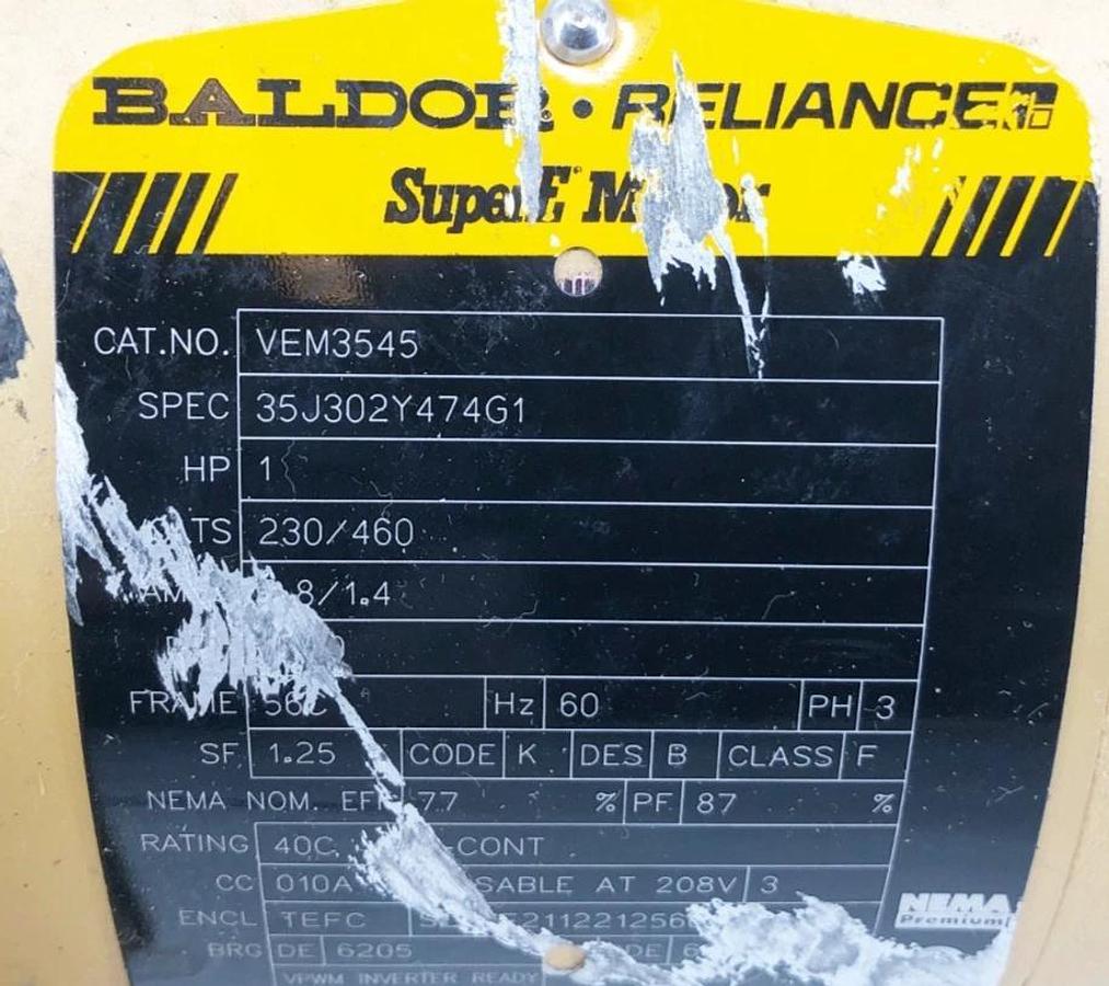 Used Baldor VEM3545 Electric Motor 1HP 230/460V 2.8/1.4A 3PH 35J302Y474G1