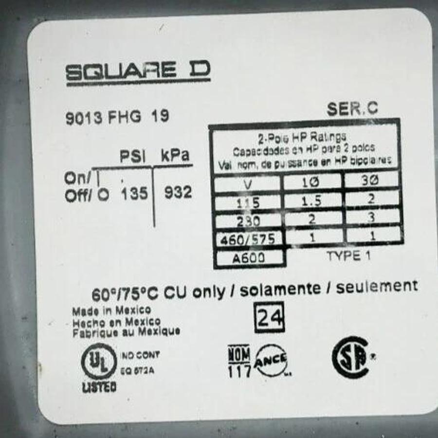 New Square D 9013FHG19J39 Pressure Switch 575V 1HP