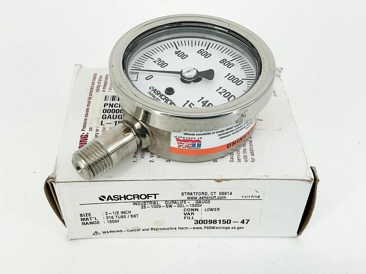 New Ashcroft 251009SW02L1500# Pressure Gauge 1500PSI 2-1/2" 316 Tube 30098150-47