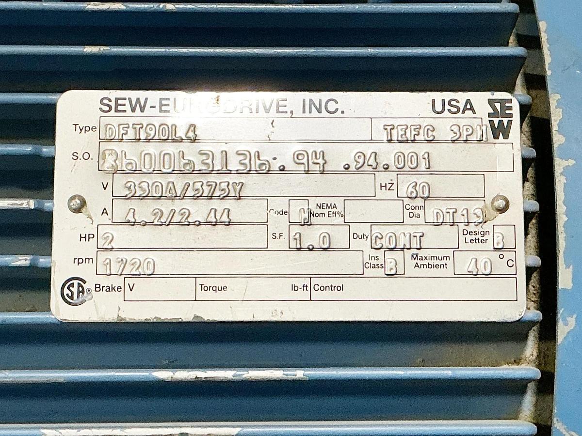 SEW Eurodrive DFT90L4 Electric Motor 2HP 575V 1720RPM 3PH 4.2A