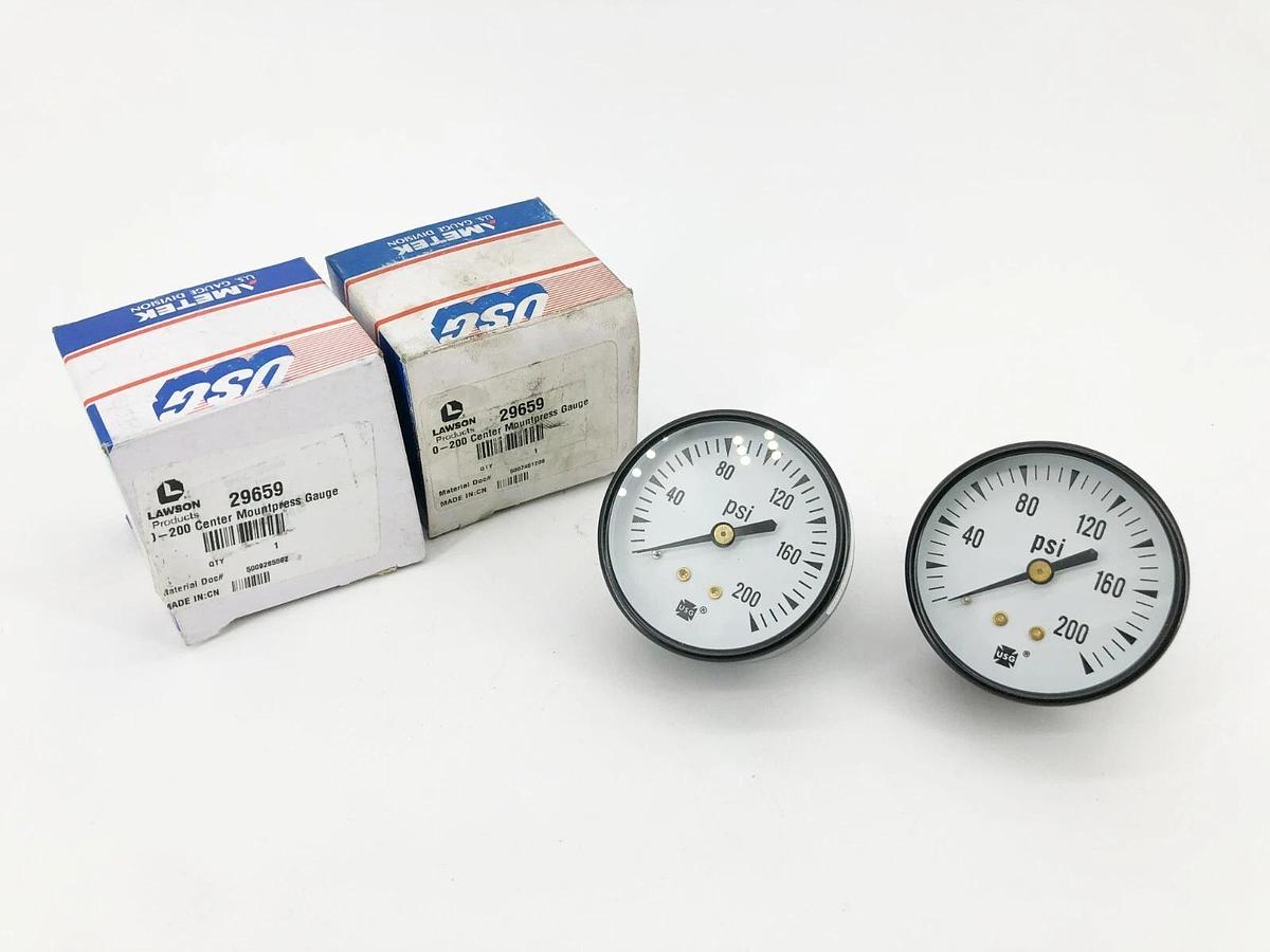Lot of 2 New Ametek Lawson 29659 Pressure Gauges Center Back Mount 0 to 200PSI