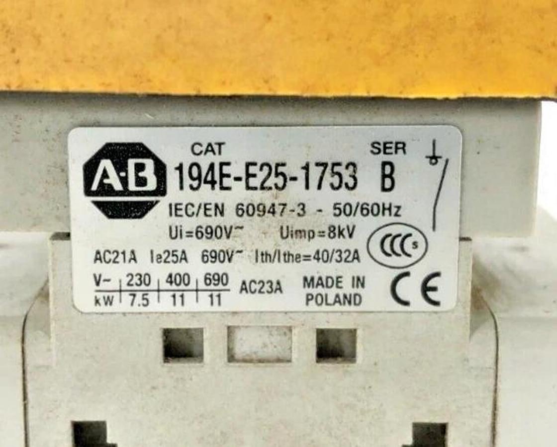 Used Allen Bradley Ser. B 194E-E25-1753 Rotary Control Load Switch 25A 600VAC