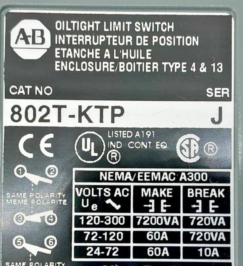 New Allen Bradley 802T-KTP Ser J Oiltight Limit Switch Roller 10A 300VAC 802TKTP