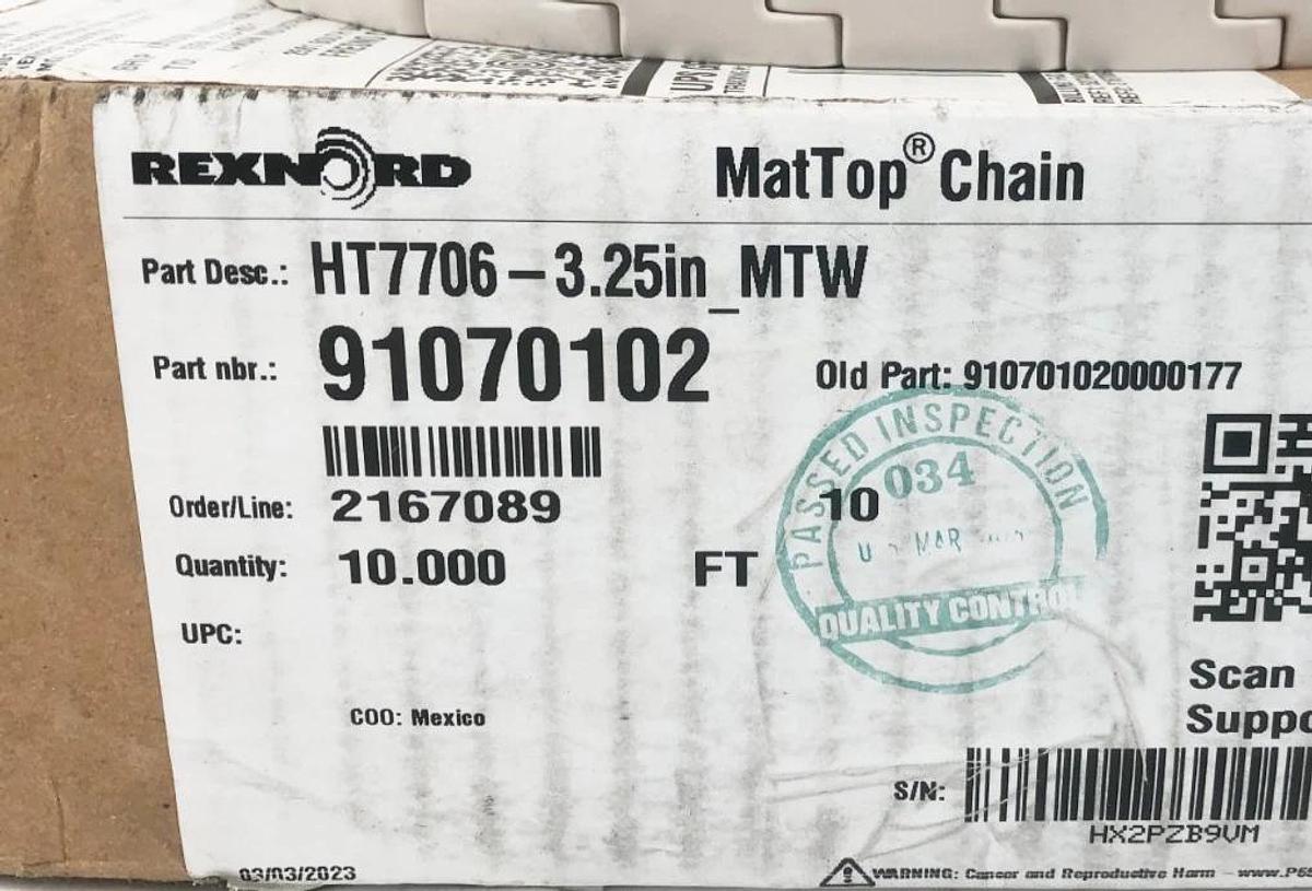New Rexnord HT7706-3.25IN MTW MatTop Chain 10 FT. 91070102