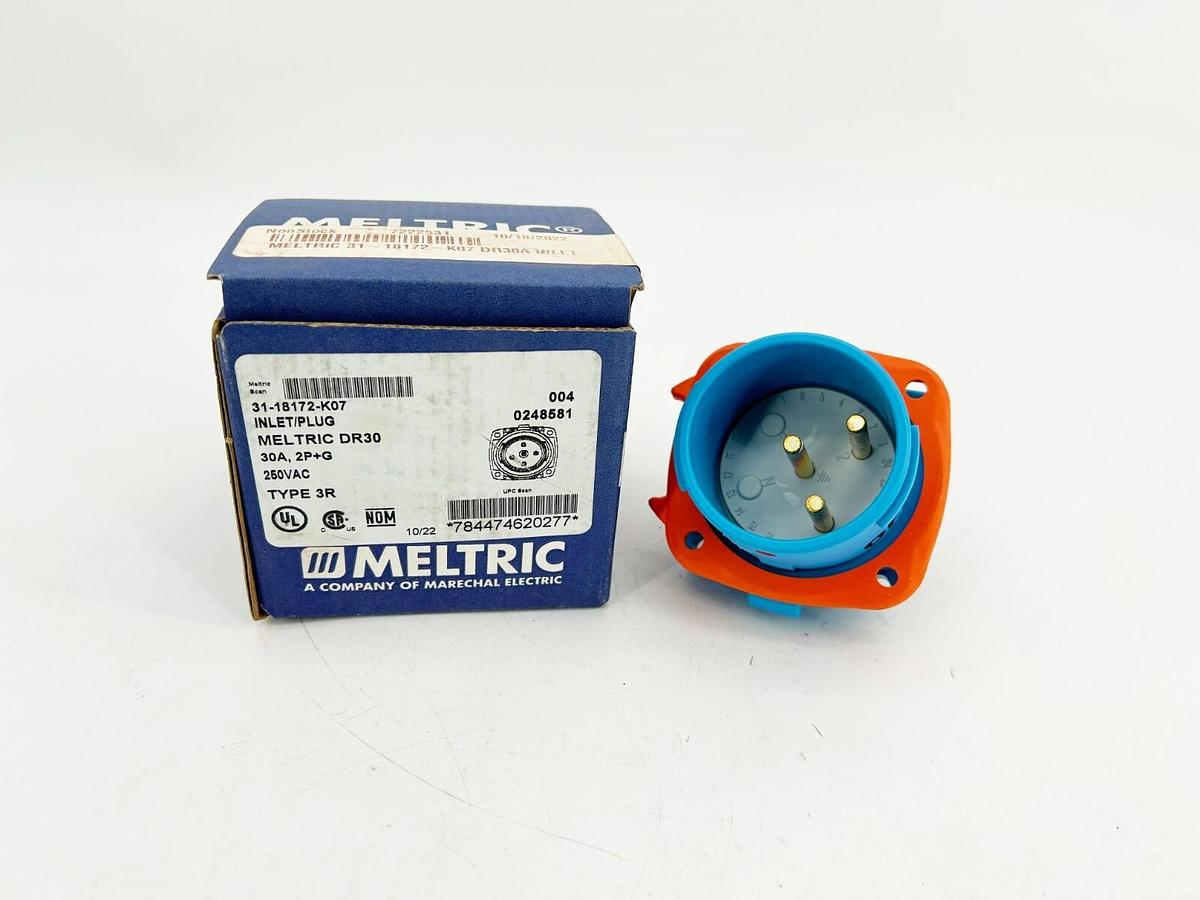 New Meltric 31-18172-K07 Inlet Plug 30A 2P+G 250VAC Type 3R 0040248581