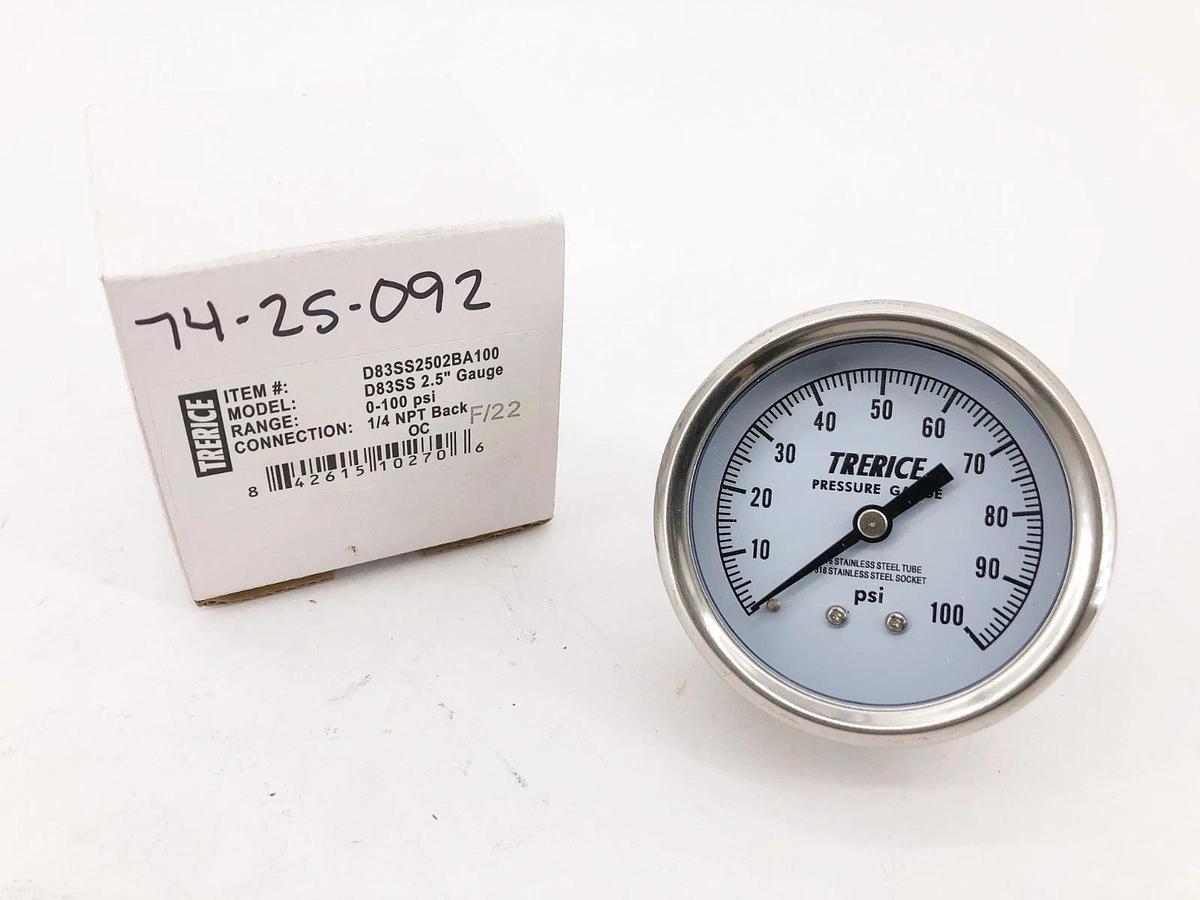 New Trerice D83SS2502BA100 Pressure Gauge D83SS 2.5" -100psi 1/4" NPT Back