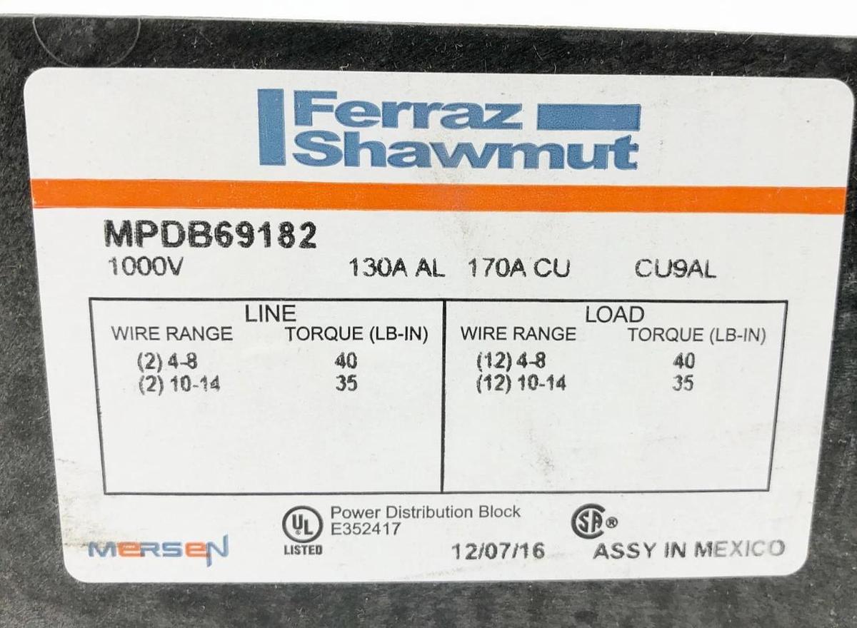 New Ferraz Shawmut MPDB69182 Distribution Block Open Style 1000VAC/DC - No Box