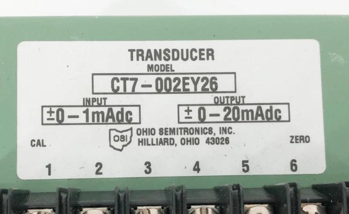 Used Ohio Semitronics CT7-002EY26 Transducer In: ±0-1mAdc Out: ±0-20mAdc