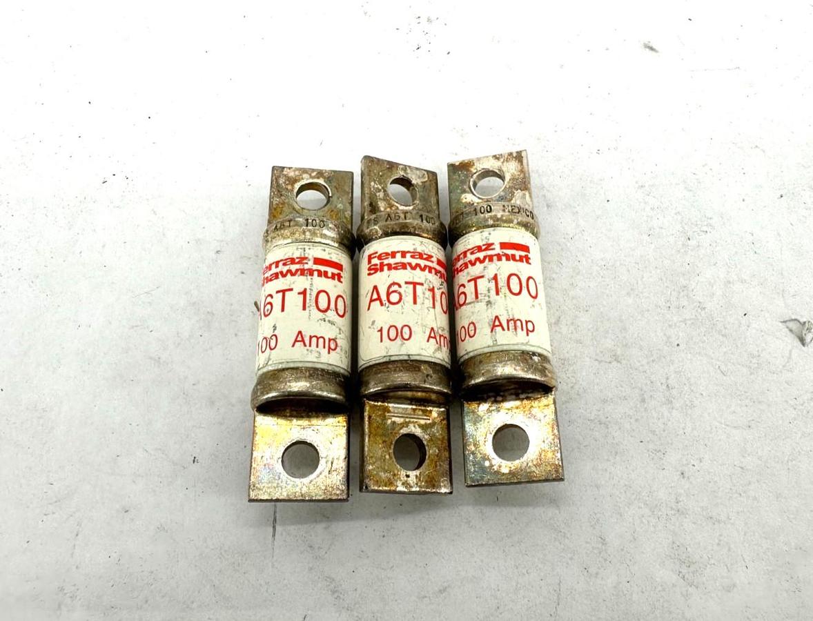 Used Lot of 3 Ferraz Shawmut A6T100 Current Limiting Class T Fuse 100A 600V