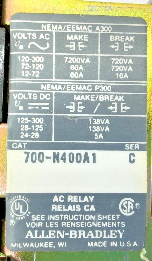 Used Allen Bradley 700-N400A1 Ser C AC-Relay 10A 120V 50/60HZ