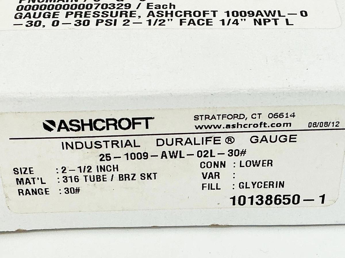 New Ashcroft 25-1009-AWL-02L-30# Pressure Gauge 2-1/2" 30PSI 1/4NPT 316 Tube