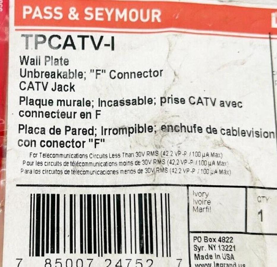 New Lot of 5 Legrand TPCATV-I Wall Plate Unbreakable "F" Connector CatV Jack