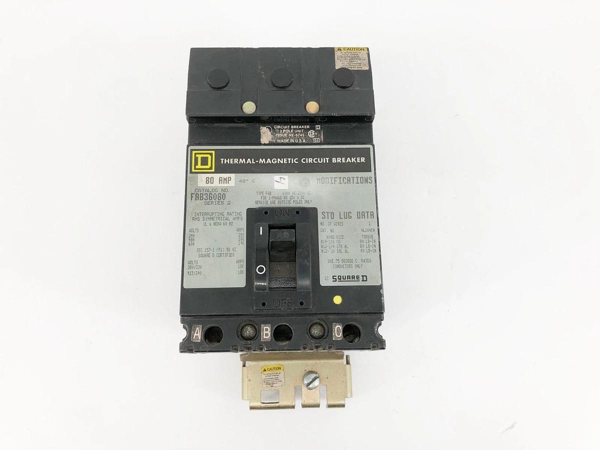 Used Square D FAB36080 Circuit Breaker 3P 80A 600VAC 250VDC Series 2