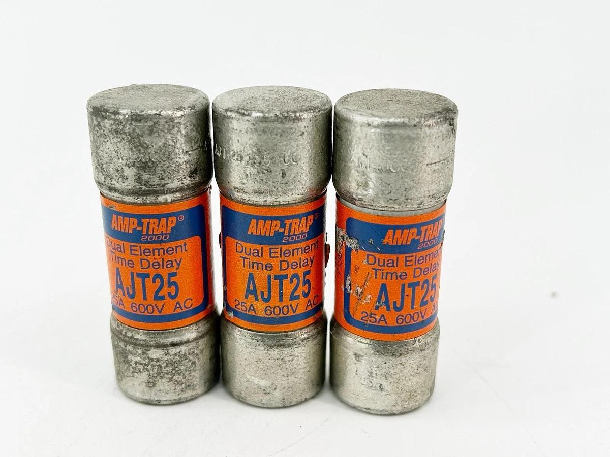 Used Lot of 3 Amp-Trap AJT25 Dual Element Time Delay Fuse 25A 600V