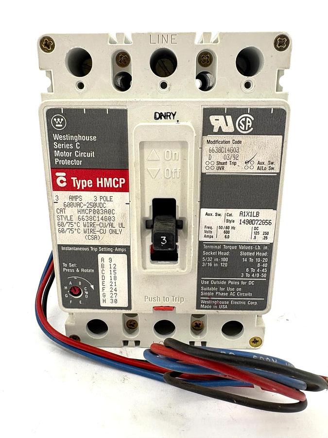 Used Westinghouse HMCP003A0C 3A Circuit Breaker w/ A1X1LB Aux. Switch 3P 600VAC 250VD