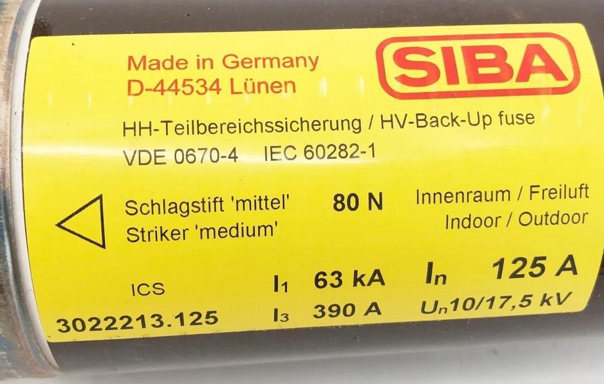 New SIBA 3022213.125 Fuse-Link HHD 125A 10/17,5kV DIN 43625 e=292mm 80 N