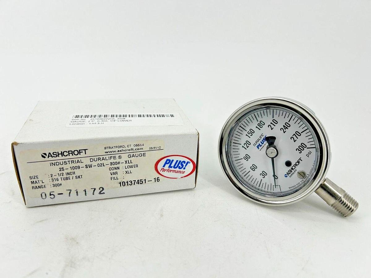 New Ashcroft 25-1009-SW-02L-300#-XLL Pressure Gauge 2-1/2" Dial 300PSI 316 Tube