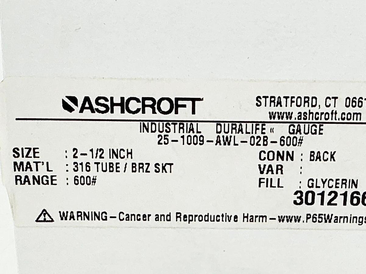 New Ashcroft 25-1009-AWL-02B-600# Pressure Gauge 0-600PSI 2.5" Face 1/4" NPT