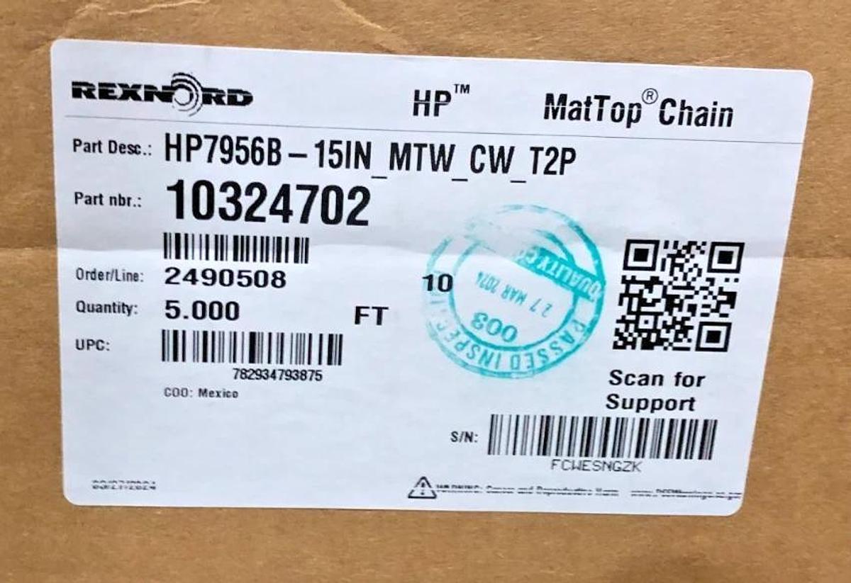 New Rexnord 10324702 Conveyor Chain HP7956B-15IN-MTW-CW-T2P 15" W x 5FT L