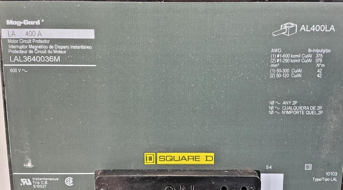 New Square D LAL3640036M Mag-Gard Motor Circuit Protector 3P 400A 600V 50/60HZ