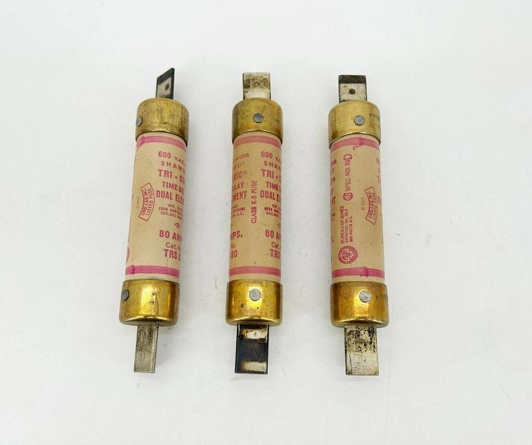 Used Lot of 3 Shawmut TRS80 Time Delay Fuses 80A 600VAC/300VDC