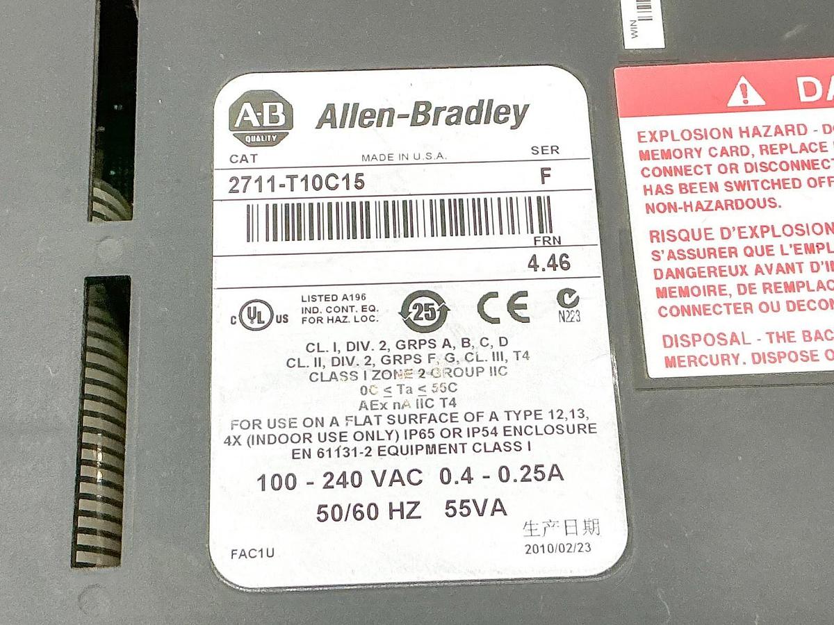 Used Allen Bradley 2711-T10C15 PanelView 1000 100-2450V 0.4A 50/60Hz 55VA Ser.F