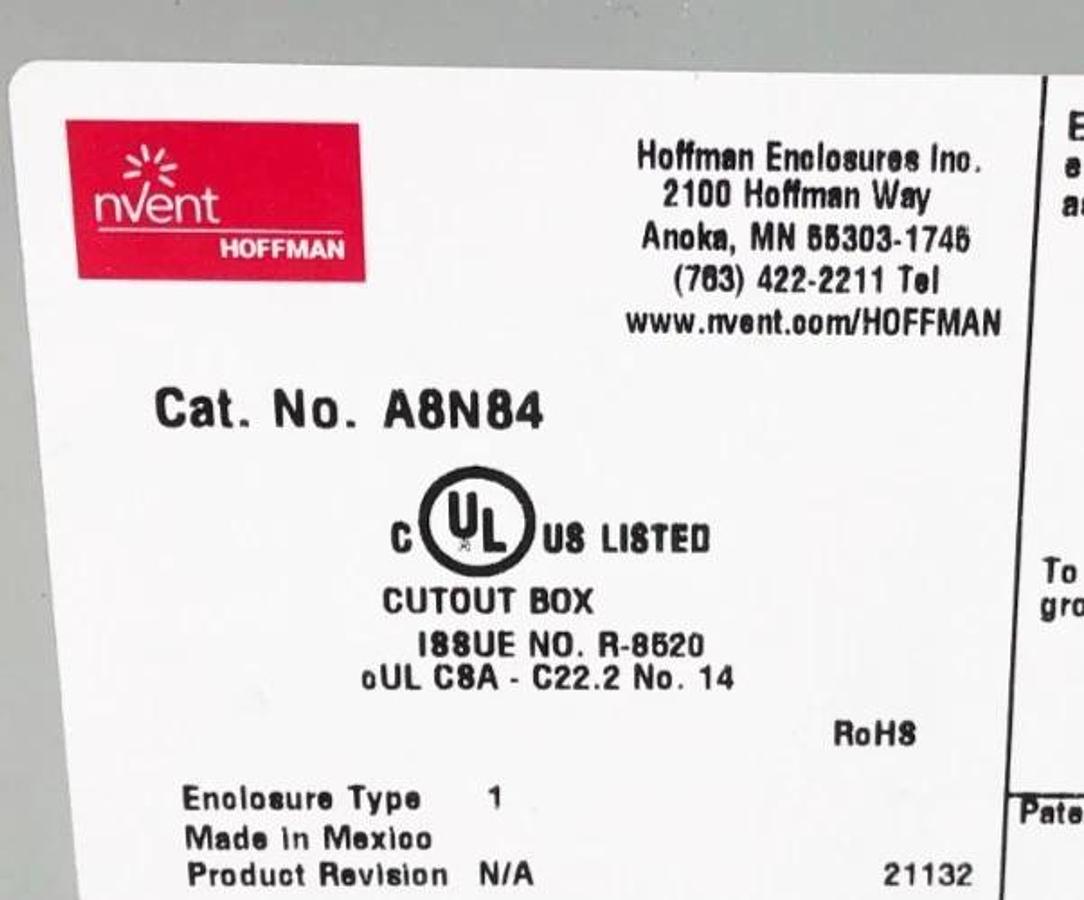 New Hoffman A8N84 Enclosure Hinged Cover 8" x 8" x 4" NEMA 1 - No Box