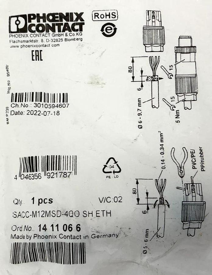 New Phoenix Contact SACC-M12MSD-4QO-SH-ETH Data Connector 4-Pin 1411066