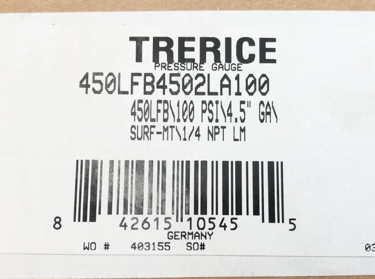 New Trerice 450LFB4502LA100 Process Gauge 450LFB 4.5" 100psi 1/4" NPT Lower