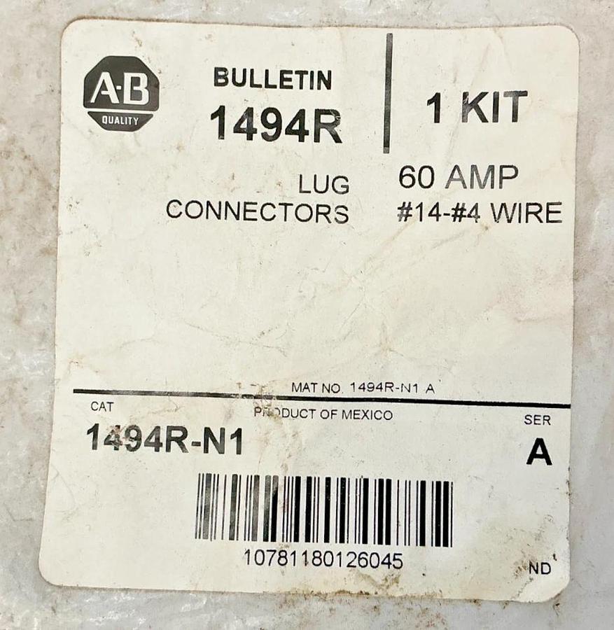 New Allen Bradley 1494R-N1 Ser A Lug Connectors Kit 60A #14-#4 Wire 1494RN1