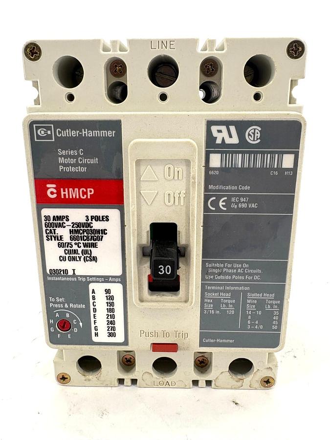 Used Cutler-Hammer HMCP030H1C 30A Circuit Breaker 3-Pole 600VAC 250VDC