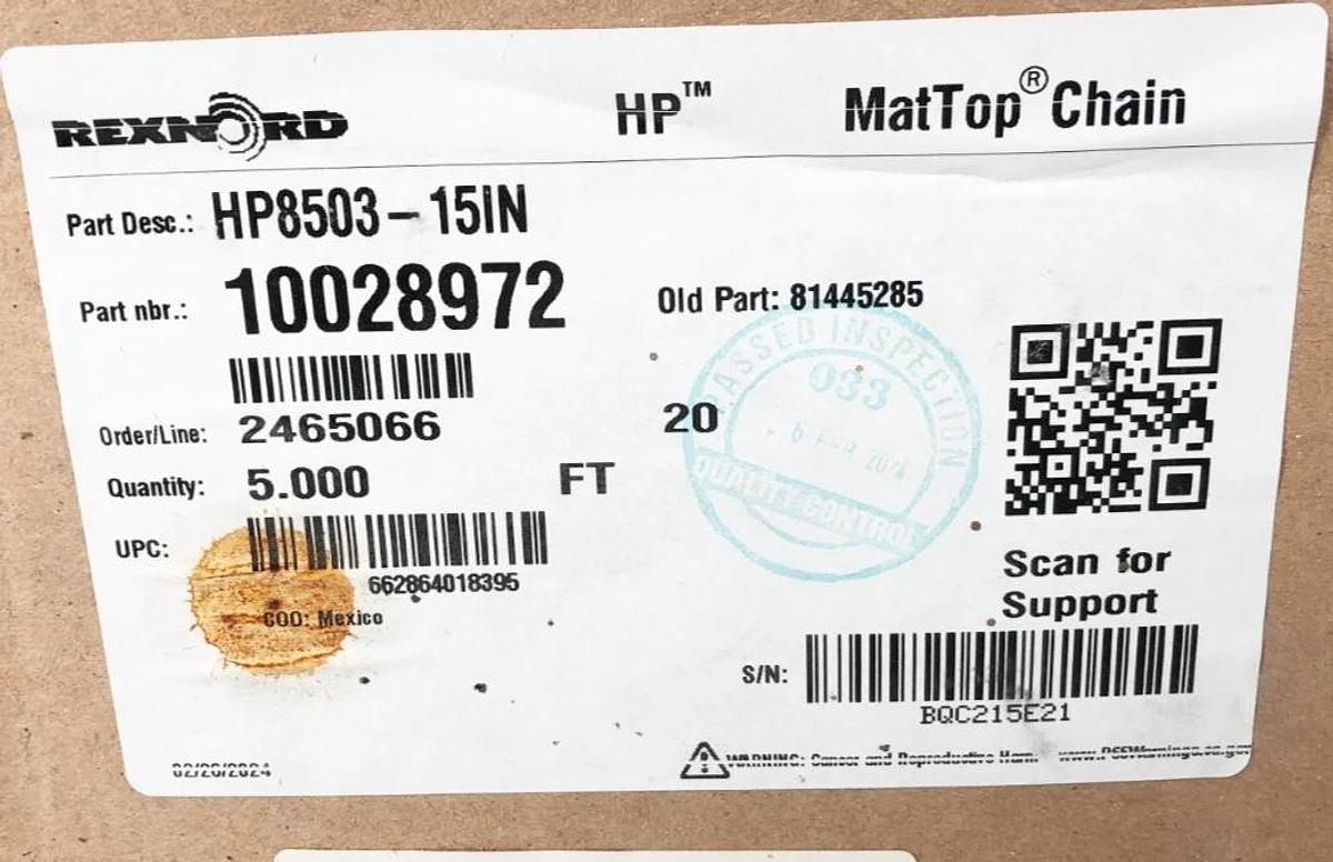 New Rexnord 10028972 Conveyor Chain HP8503-15IN 15" W x 5FT L