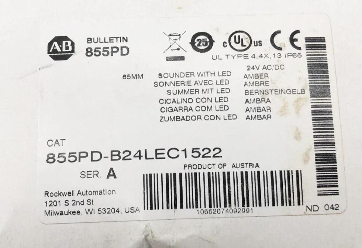 New Allen Bradley 855PD-B24LEC1522 Ser. A Panel Mount Alarm Amber 24VAC/DC